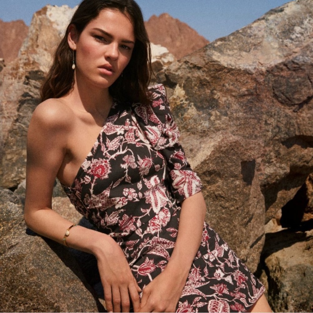 Isabel Marant Lilia One Shoulder Floral Print Mini Dress Asymmetrical Cotton - Picture 2 of 3